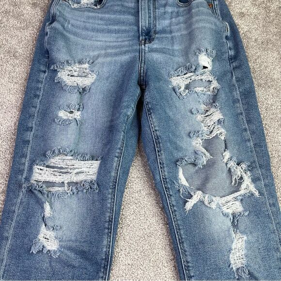 America Eagle Mom Jeans Womens 0* Blue Tapered High Waist Medium Wash Torn Curvy - Picture 3 of 13